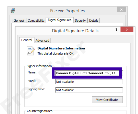 Screenshot of the Konami Digital Entertainment Co., Ltd. certificate